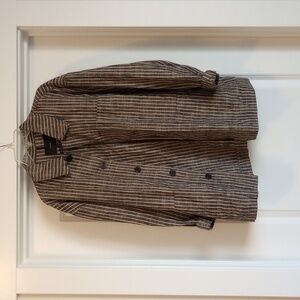 Zara Womens Jacket Sz L Linen Cotton Beige Black Stripe 3/4 Sleeve Lightweight